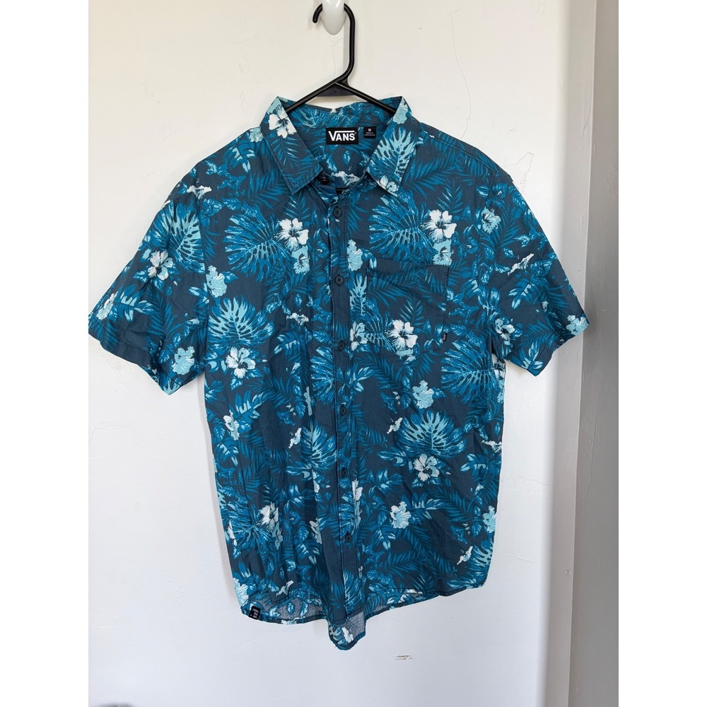 Vans Mens Medium‎ Blue Tropical Floral Palm Print Short Sleeve Button Down Shirt
